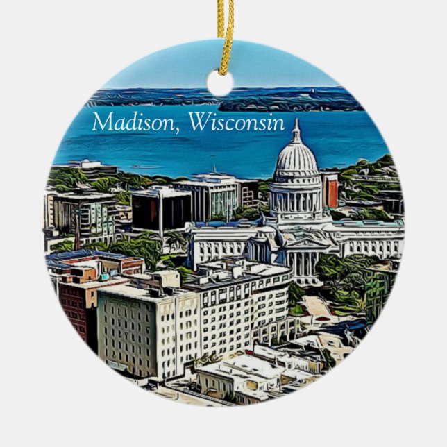 Personalised Madison, Wisconsin Cheese Head Ceramic Tree Decoration (Front)