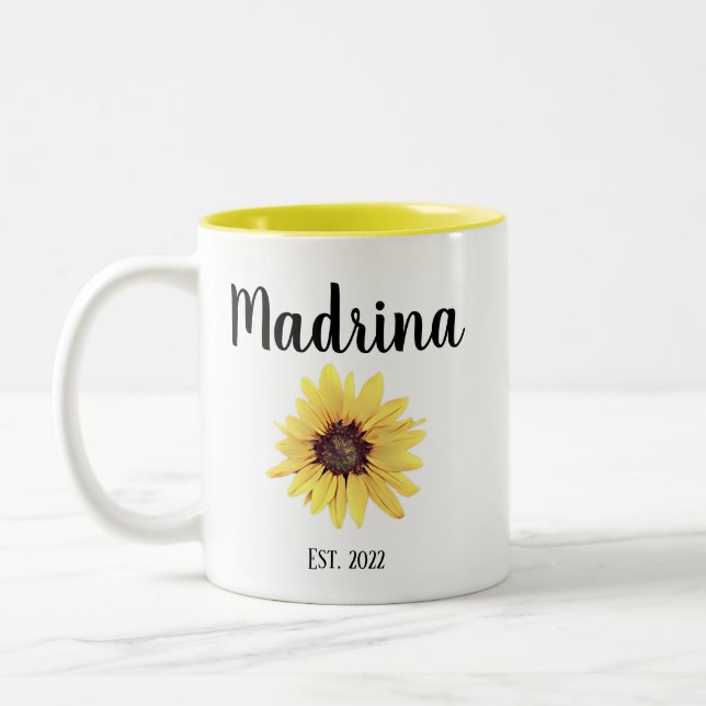 Personalised Madrina Est. Painted Sunflower Two-Tone Coffee Mug (Left)