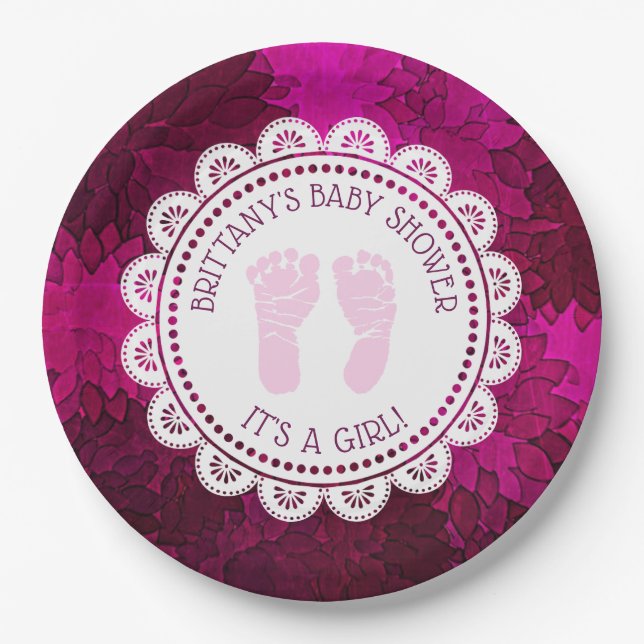 Personalised Magenta Girl's  Baby Shower Plate (Front)