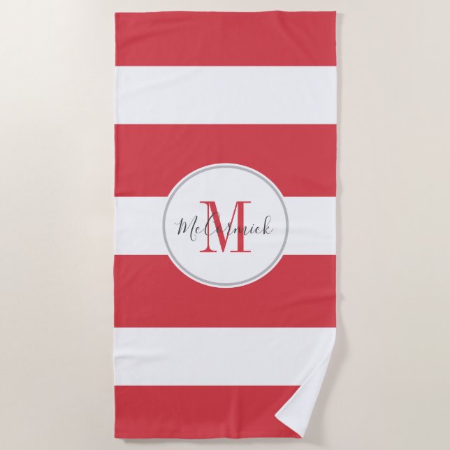 Personalised Magenta Pink White Stripes Script Beach Towel (Front)