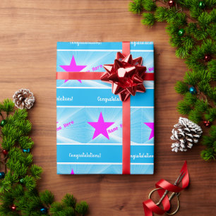 Personalised Magenta Star Blue Congratulations Wrapping Paper