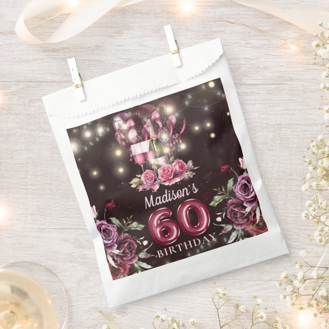 Personalised Magenta Wine 60th Birthday Favour Bags (Clipped)