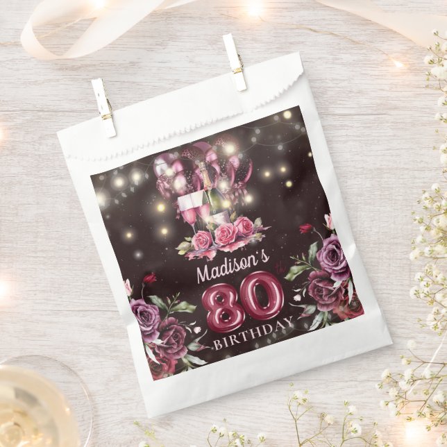 Personalised Magenta Wine 80th Birthday Favour Bags (Clipped)
