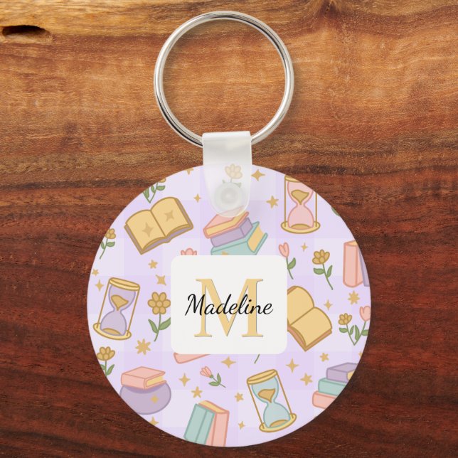 Personalised Magic Books Girl Wizard Name Purple  Key Ring (Front)