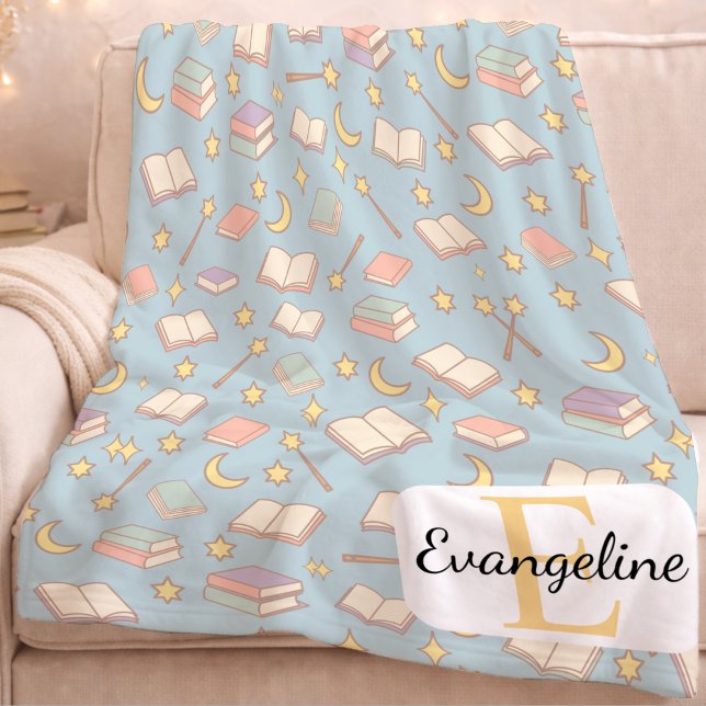 Personalised Magical Book Aesthetic Pattern Blue Fleece Blanket (Creator Uploaded)