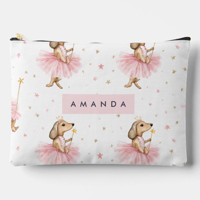 Personalised Magical Fairy Dachshund Dog in Pink  Accessory Pouch (Front)