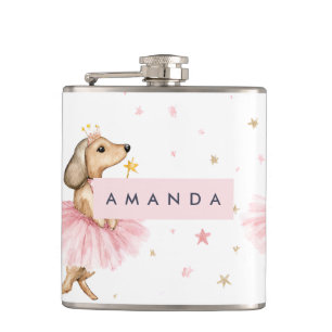 Personalised Magical Fairy Dachshund Dog in Pink Hip Flask