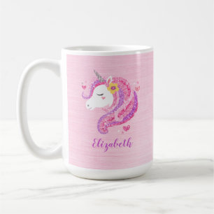 Personalised Magical Pink Glitter Unicorn Face  Coffee Mug