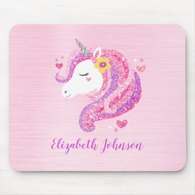 Personalised Magical Pink Glitter Unicorn Face  Mouse Mat (Front)
