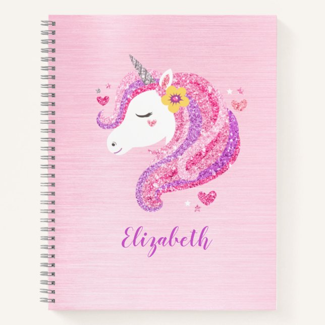 Personalised Magical Pink Glitter Unicorn Face  Notebook (Front)