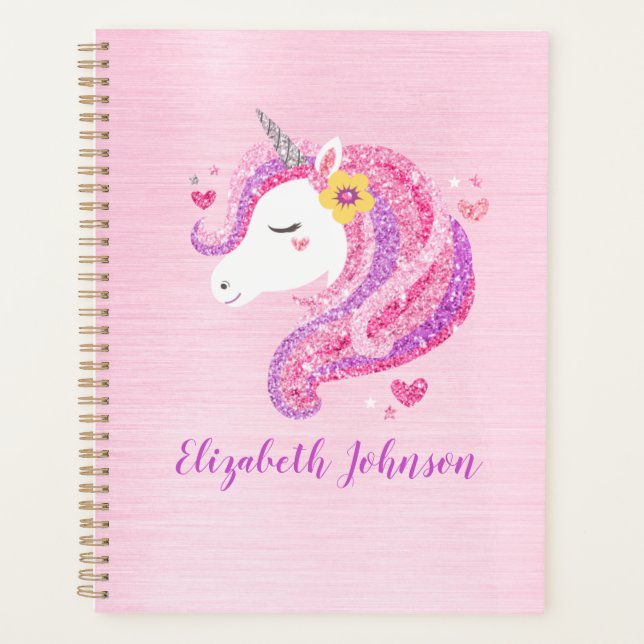 Personalised Magical Pink Glitter Unicorn Face  Planner (Front)