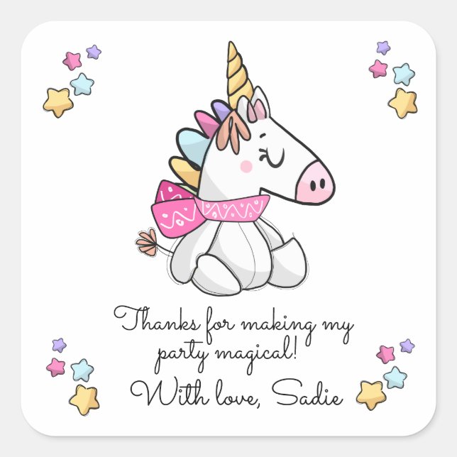 Personalised Magical Stuffed Unicorn Thank You Square Sticker (Front)