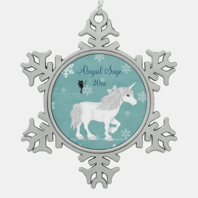 Personalised Magical White Unicorn and Fairy Snowflake Pewter Christmas Ornament (Front)