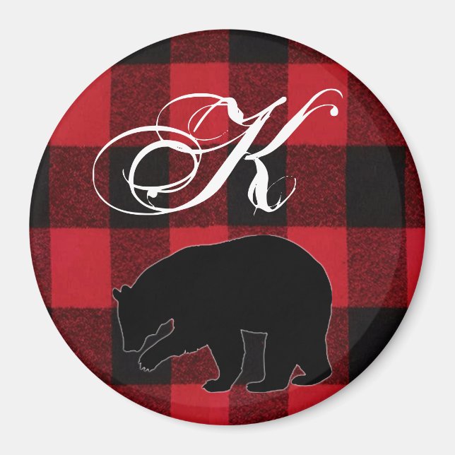 Personalised Magnet Red Buffalo Plaid Bear Black (Front)