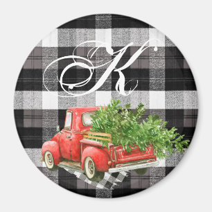 Personalised Magnet XMAS Truck Buffalo Plaid Black
