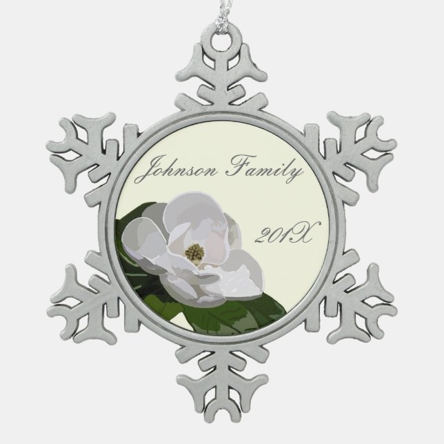 Personalised Magnolia Flower Christmas Snowflake Pewter Christmas Ornament (Front)