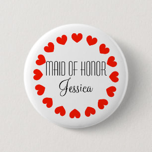Personalised maid of honour buttons with red