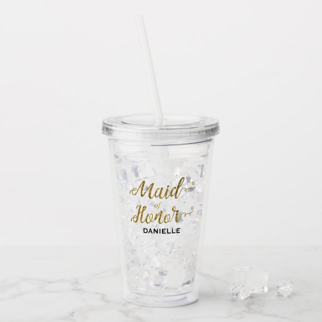 Personalised Maid of Honour Gold Glitter Acrylic Tumbler (Front Ice)