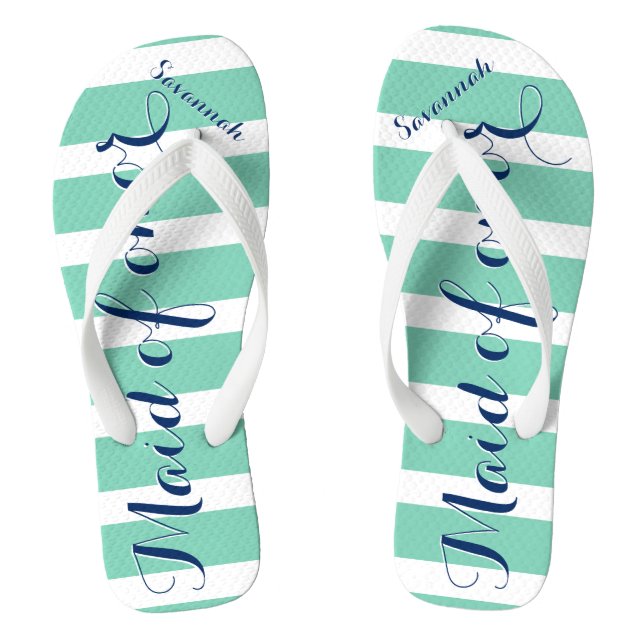 Personalised Maid of Honour Navy and Mint Flip Flops (Footbed)