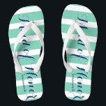 Personalised Maid of Honour Navy and Mint Flip Flops<br><div class="desc">Navy Blue and Mint Stripes Pattern - Change to Any Colour by clicking customise. And say anything you want.  Make these one of a kind flip flops that have YOUR message on them.  Be the talk of the beach!</div>