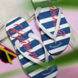 Personalised Maid of Honour Navy and Pink Flip Flops<br><div class="desc">Navy Blue White and Pink Stripes Pattern - Change to Any Colour by clicking customise. And say anything you want.  Make these one of a kind flip flops that have YOUR message on them.  Be the talk of the beach!</div>