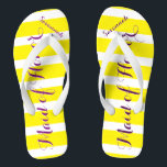 Personalised Maid of Honour Purple Yellow Any Colo Flip Flops<br><div class="desc">Yellow and White Stripes Pattern Purple Kiss Font - Change Yellow and Plum to Any Colour by clicking customise. And say anything you want.  Make these one of a kind flip flops that have YOUR message on them.  Be the talk of the beach!</div>