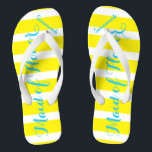 Personalised Maid of Honour Turquoise and Yellow Flip Flops<br><div class="desc">Primrose Blazing Yellow Elegance and White Stripes with Turquoise Aqua Blue Font - Change Yellow and Teal Font to Any Colour by clicking customise/edit. And say anything you want. Make these one of a kind flip flops that have YOUR message on them. Be the talk of the beach! bridesmaids, bachelorette...</div>