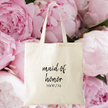 Personalised Maid of Honour Wedding Date Name Tote Bag<br><div class="desc">Tote bag with the word "maid of honour" and wedding date on the front. The back can have the maid of honour's name. This personalised tote bag is a wonderful way to show your appreciation and make your bridesmaids feel special as you invite them to be a part of your...</div>