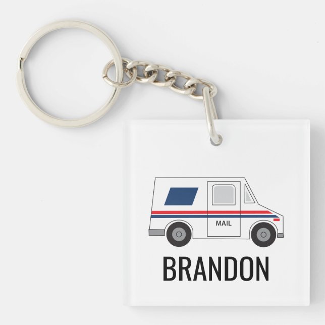 Personalised Mailman, Postal Carrier Mail Truck Key Ring (Front)