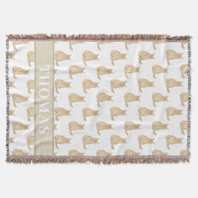 Personalised Maine Coon Cat (Orange) Pink & White Throw Blanket (Front)