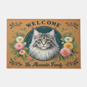 Personalised Maine Coon Cat Stylish Floral Welcome Doormat