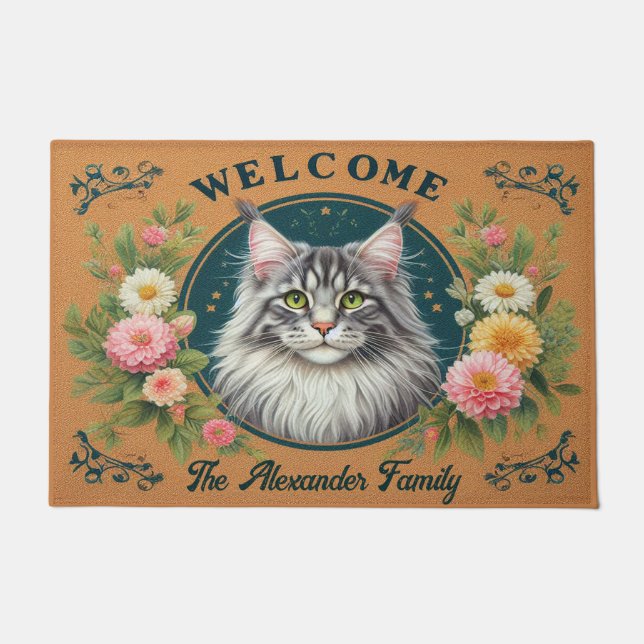 Personalised Maine Coon Cat Stylish Floral Welcome Doormat (Front)