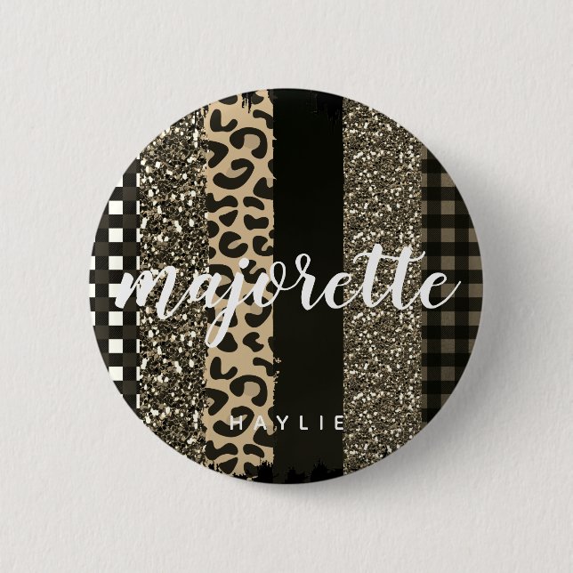 Personalised Majorette Faux Cheetah and Glitter 6 Cm Round Badge (Front)