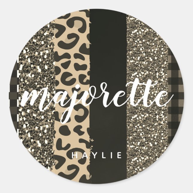 Personalised Majorette Faux Cheetah and Glitter Classic Round Sticker (Front)