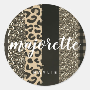 Personalised Majorette Faux Cheetah and Glitter Classic Round Sticker