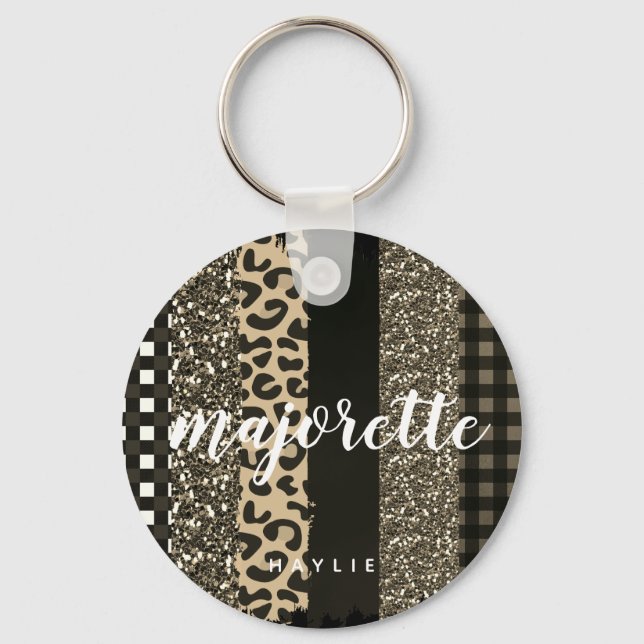 Personalised Majorette Faux Cheetah and Glitter Key Ring (Front)