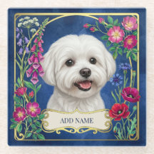 Personalised Maltese Dog Blue Floral Coaster