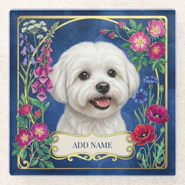 Personalised Maltese Dog Blue Floral Coaster (Front)