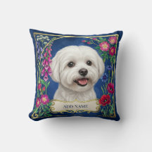 Personalised Maltese Dog Blue Floral Cushion