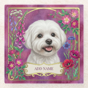 Personalised Maltese Dog Pink Glass Coaster