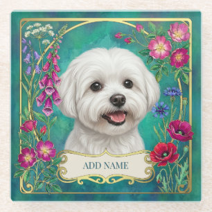 Personalised Maltese Dog Teal Glass Coaster