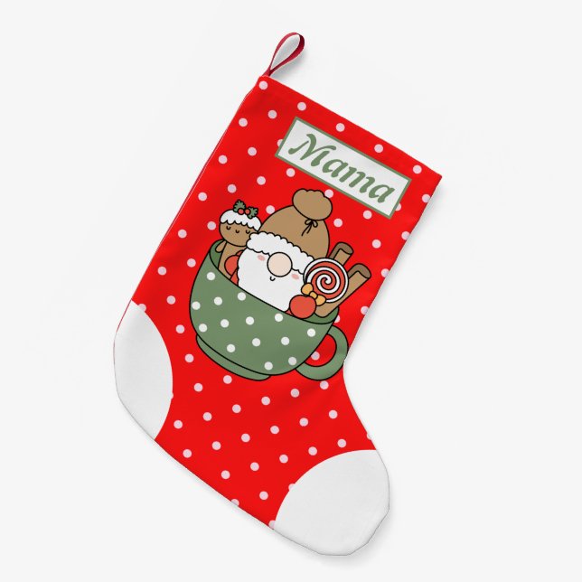 Personalised Mama cute dots red white Santa modern Small Christmas Stocking (Front (Hanging))