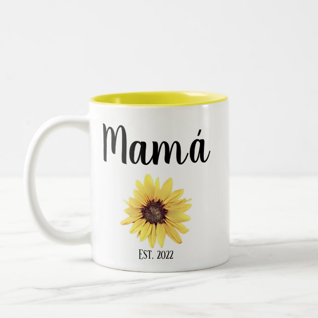 Personalised Mamá Est. Painted Sunflower Two-Tone Coffee Mug (Left)