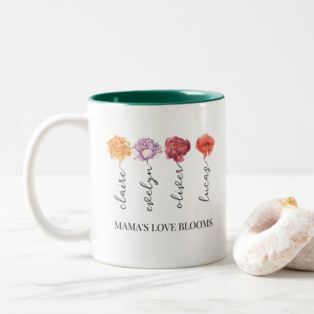 Personalised Mama's Love Blooms Birth Month Flower Two-Tone Coffee Mug (With Donut)