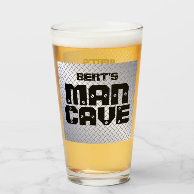 Personalised Man Cave Diamondplate Beer Glass (Front Filled)