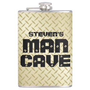 Personalised Man Cave Flask with Gold Tread Plate