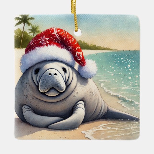 Personalised Manatee at Christmas  Ceramic Ornament (Front)