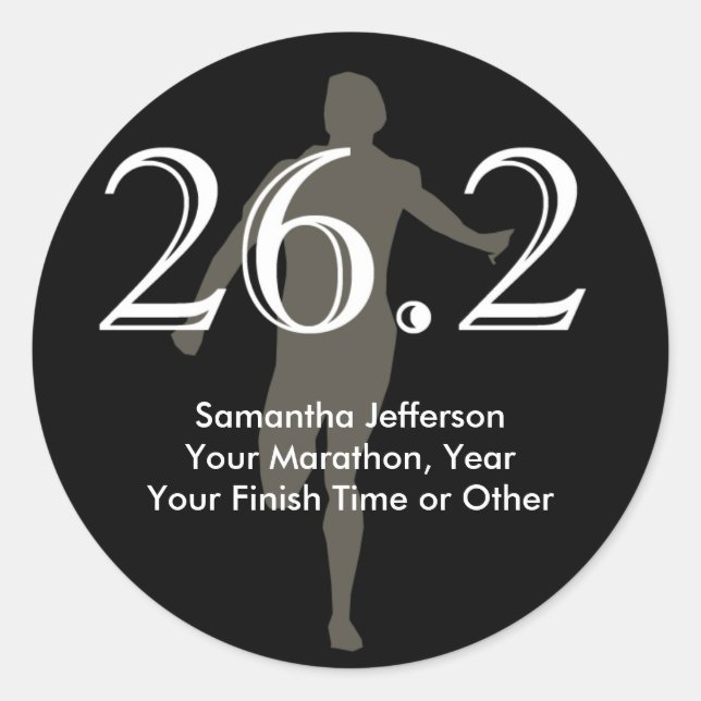 Personalised Marathon Runner 26.2 Keepsake Black Classic Round Sticker (Front)