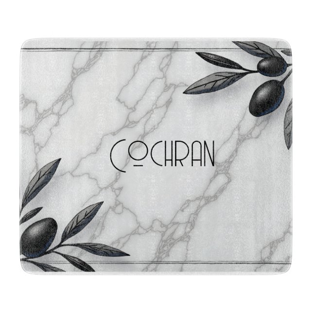 Personalised Marble and Olive Glass Cutting Board (Front)