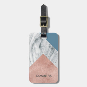 Personalised Marble Faux Rose Gold Blue Luggage Tag